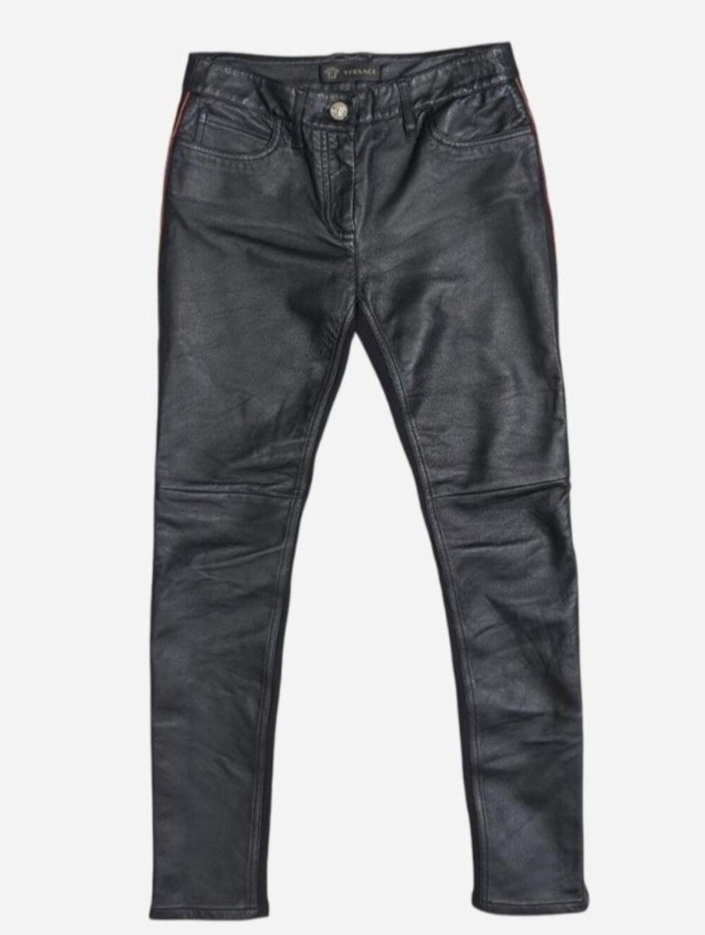 Versace black faux leather pants with red stripe Size 40 EU 6 US